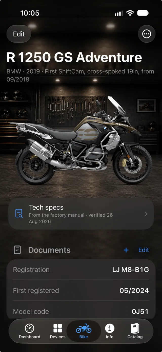 A bike in the MotoDeck garage: the drawing, the tech specs from the factory manual, and the documents with registration and model code.