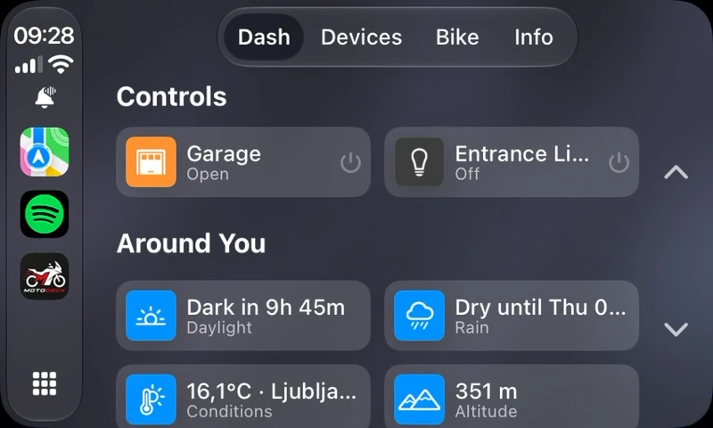 The MotoDeck dashboard on the CarPlay screen: Controls with the garage open, and Around You with daylight, rain, conditions and altitude.