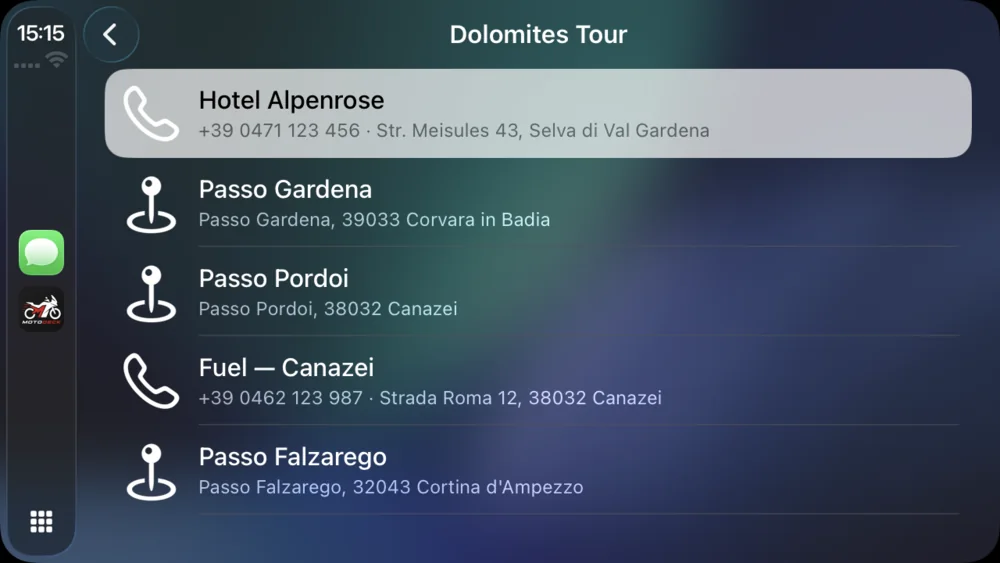A road book on the CarPlay screen, the Dolomites Tour: a hotel, three passes and a fuel stop, each with its address and phone.